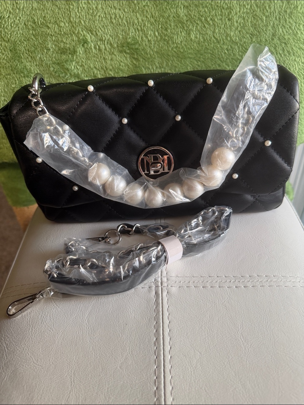 Badgley Mischka Black Quilted Shoulder Bag with Pearl-Bead Strap